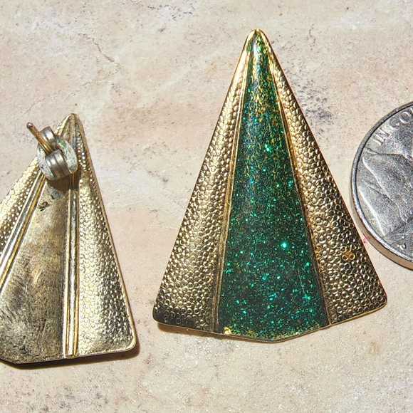 Vintage 80s does 30 sparkle glitter green and gold post earrings - Picture 7 of 8